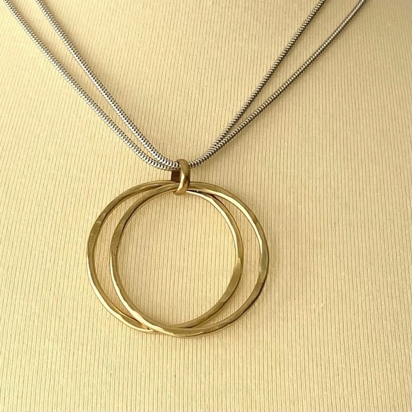 NWT Marjorie Baer Hammered Brass Circle Pendant Necklace Sterling Silver Chain - Picture 4 of 7